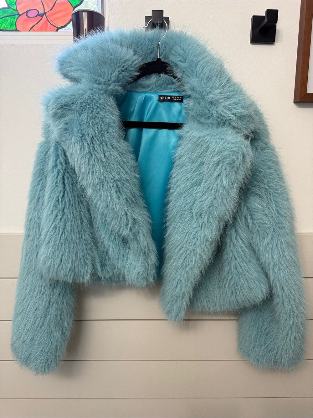 SHEIN Aqua Blue Faux Fur Cropped Teddy Jacket